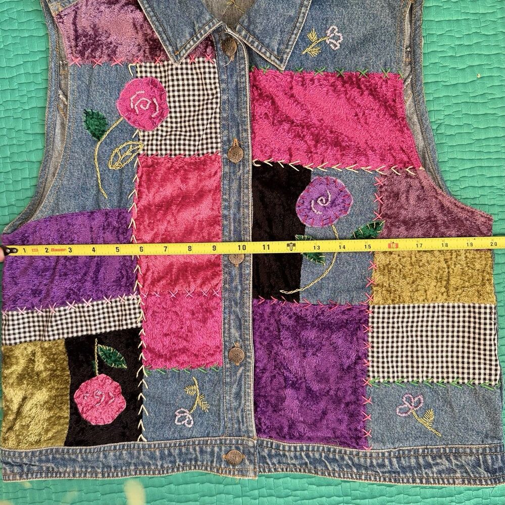 Susan Bristol P L Floral Hand Embroidered Patchwork Denim Vest Y2K 90s Vintage - Picture 5 of 16